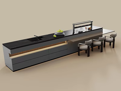 Modern Kitchen Interior With Black Island Countertop Sink Fruits And Chairs 3d model