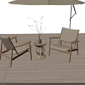 Outdoor Patio Chairs With Wooden Frame Beige Cushions Small Side Table And Large Umbrella