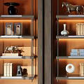 Modern Wooden Bookcase With Metal Frame Books And Decorative Figurines On Shelves