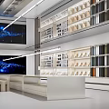 Modern Exhibition Hall With Large Screens Blue Wave Patterns White Display Counter Hanging Lights 3d model