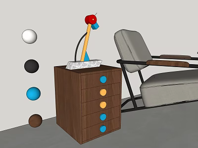 Wooden Drawer Cabinet With Decorative Object And Colorful Balls Near Armchair 3d model