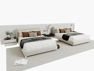 White Single Bed Interior With Brown Gray Pillows Black Striped Blankets And Nightstands 3d model