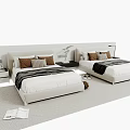 White Single Bed Interior With Brown Gray Pillows Black Striped Blankets And Nightstands