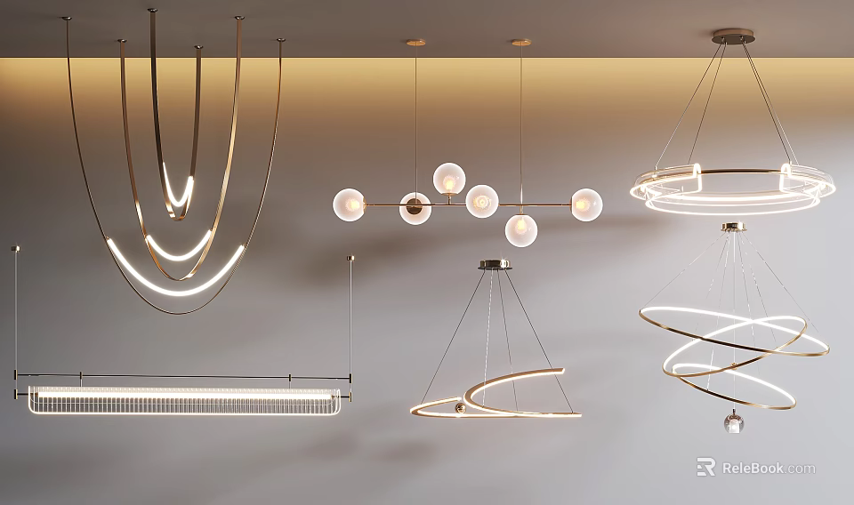 Modern Lighting Combinations with Hanging Ring Spiral and Linear Fixtures for Interior Design 3d model 