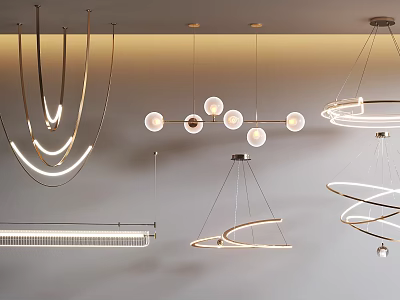 Modern Lighting Combinations with Hanging Ring Spiral and Linear Fixtures for Interior Design 3d model