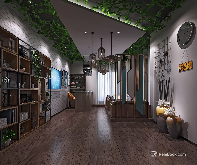 Cozy Box Interior Design With Wooden Flooring Green Vines Bookshelves And Pendant Lights 3d model 