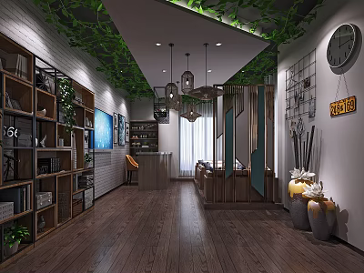 Cozy Box Interior Design With Wooden Flooring Green Vines Bookshelves And Pendant Lights 3d model