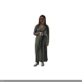 Woman Wearing Grey Patterned Long Dress Holding White Cup Standing Casually