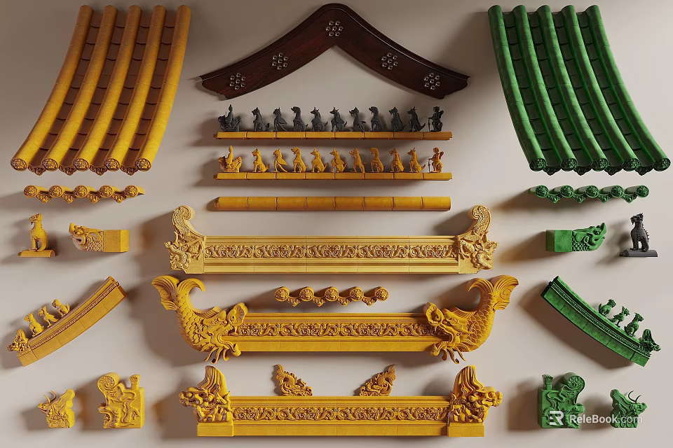 Traditional Architectural Components With Yellow Green Curved Tiles Carved Beams And Animal Ornaments 3d model 