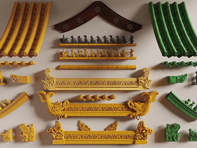 Traditional Architectural Components With Yellow Green Curved Tiles Carved Beams And Animal Ornaments 3d model