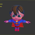 3D Model Boy Wearing Superman Costume Blue Outfit Red Cape Yellow Emblem Arms Outstretched