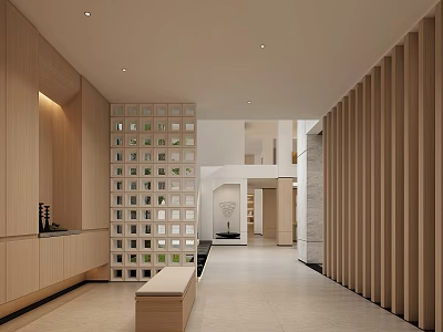 Modern Foyer Hallway With Glass Block Partition Wooden Slats And Bench 3d model