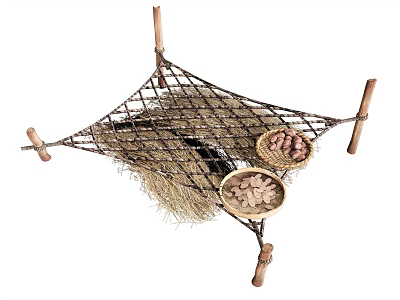 Nuts In Wooden Bowls Hanging On Rope Net With Hay And Wooden Frame 3d model
