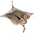 Nuts In Wooden Bowls Hanging On Rope Net With Hay And Wooden Frame