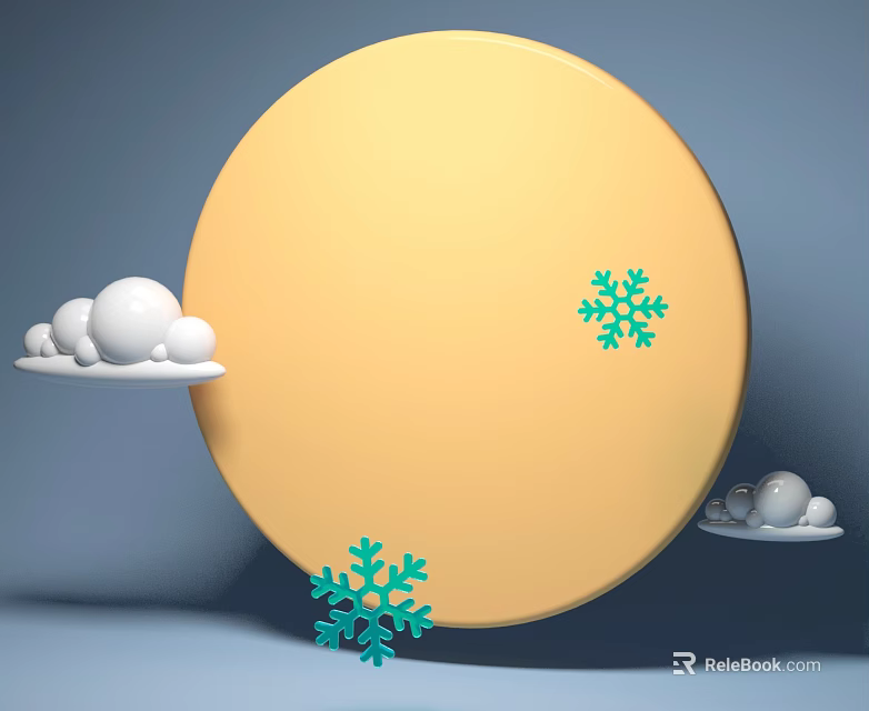 Modern Yellow Round Decorative Element With White Clouds And Green Snowflakes 3d model 