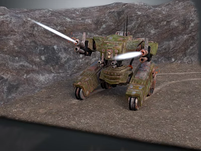Futuristic Camouflage Tank With Mechanical Legs Firing Laser Beams In Mountain Terrain 3d model