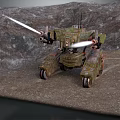 Futuristic Camouflage Tank With Mechanical Legs Firing Laser Beams In Mountain Terrain