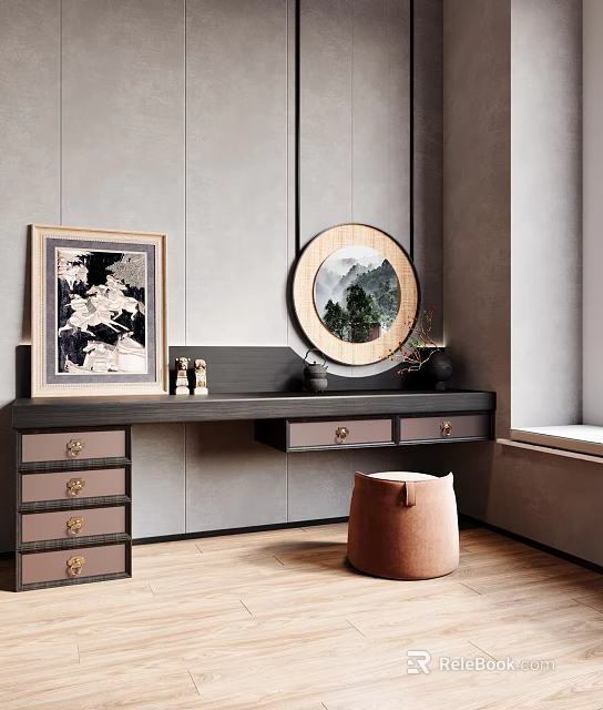 Modern Wooden Dressing Table With Round Mirror Framed Artwork Drawers And Stool 3d model 