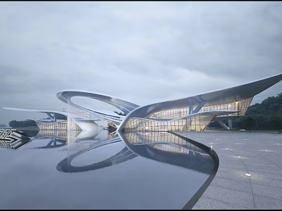 Modern Streamlined Sales Office Building With Glass Curtain Walls And Water Reflection 3d model