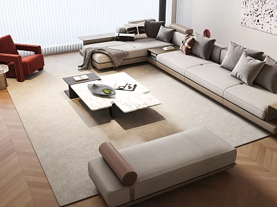 Modern Minimalist Light Gray L-shaped Sofa with Marble Top Coffee Table Set and Soft Cushions 3d model