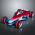 Futuristic Red And Blue Race Car With Large Wheels And Aerodynamic Exterior Design