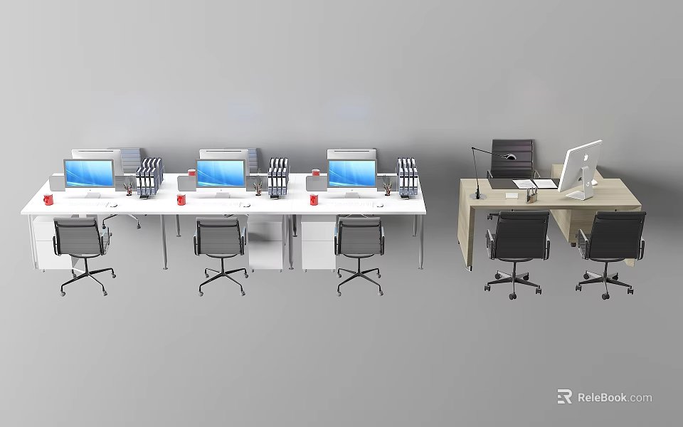 Multiple Modern Office Desks With Computers And Office Chairs In Workspace 3d model 