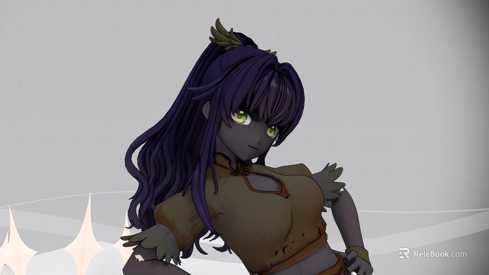 Woman with Long Purple Hair Green Eyes in Brown Chinese Collar Top and Feather Decorations 3d model 