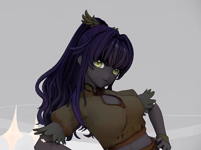 Woman with Long Purple Hair Green Eyes in Brown Chinese Collar Top and Feather Decorations 3d model