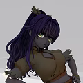 Woman with Long Purple Hair Green Eyes in Brown Chinese Collar Top and Feather Decorations