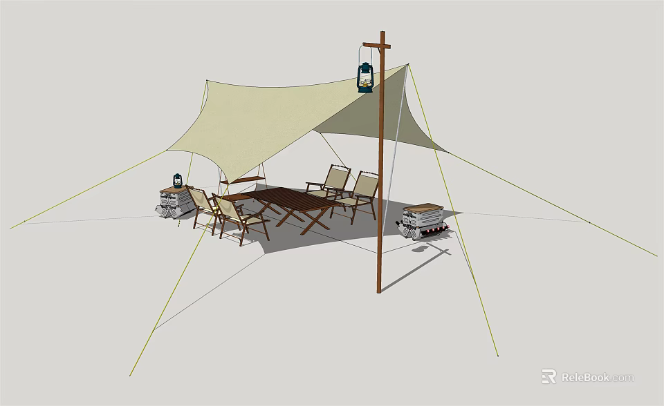 Tensile Membrane Structure for Outdoor Leisure Area With Wooden Table Chairs and Lantern 3d model 