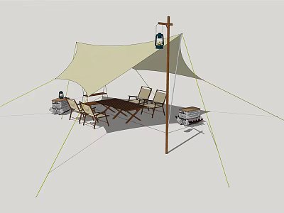 Tensile Membrane Structure for Outdoor Leisure Area With Wooden Table Chairs and Lantern 3d model