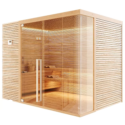 Modern Wooden Shower Sauna Interior With Glass Door Cedar Bench And LED Lighting 3d model