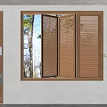 Wooden Window Blinds In Modern Interior With Bookshelf Plants And Trees Outside