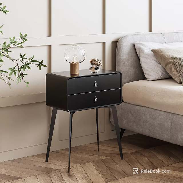 Modern Black Nightstand With Two Drawers Metal Legs Glass Decor And Small Ornament 3d model 