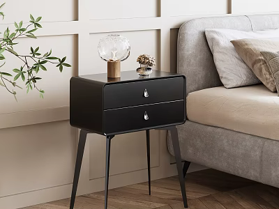 Modern Black Nightstand With Two Drawers Metal Legs Glass Decor And Small Ornament 3d model
