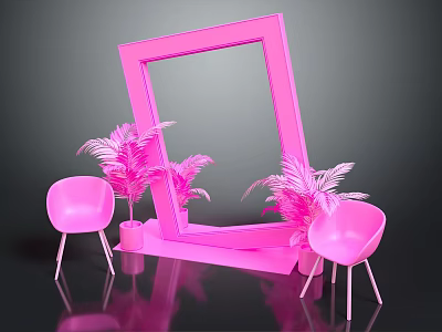 Stylish Pink Event Entrance Frame With Pink Chairs And Decorative Plants 3d model