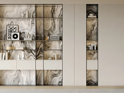Elegant Modern Marble Bookcase Interior With Open Shelves And Decorative Items 3d model