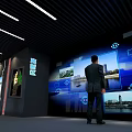 Modern High Tech Exhibition Hall With Screens Reception Desk And Lighting Design