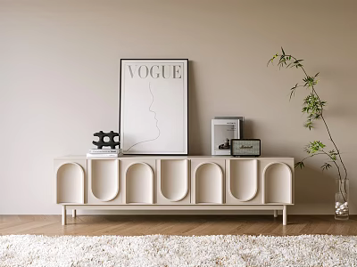 Modern Light Colored TV Stand With Curved Doors Decorative Items And Green Plant 3d model
