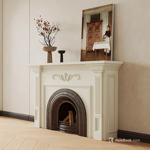 Classic White Fireplace With Ornate Mantel Firewood And Vase In Living Room Interior 3d model 