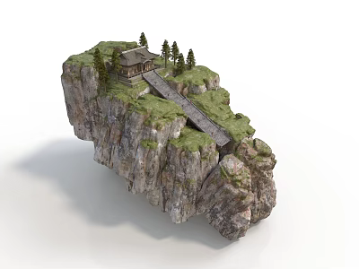 Cliffside Miniature Scene With Small House Green Grass Trees And Stone Path 3d model