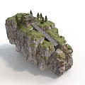 Cliffside Miniature Scene With Small House Green Grass Trees And Stone Path