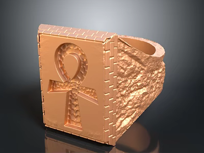 Golden Metal Ring With Ankh Symbol And Carved Textured Surface Design 3d model
