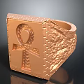 Golden Metal Ring With Ankh Symbol And Carved Textured Surface Design