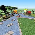 Vibrant Kids Playground With Basketball Courts Tennis Court Slide And Mushroom Structures