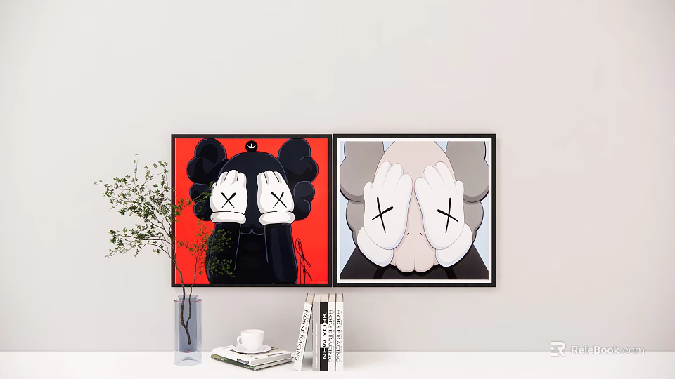 Decorative Wall Art With KAWS Style Characters Red Gray Background And Interior Decor Elements 3d model