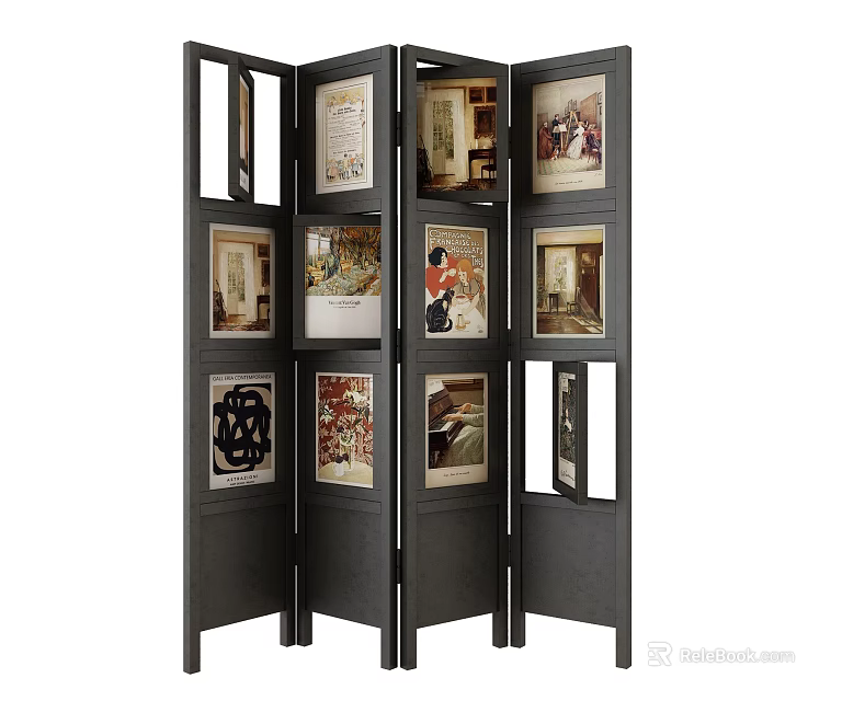 Decorative Folding Screen With Black Frame And Multiple Art Prints Panels 3d model