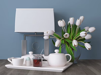 White Table Lamp with White Tulips and Tea Set on Wooden Tray Against Blue Wall 3d model