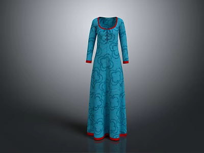 Blue Long Sleeve Floor Length Dress With Red Trim And Floral Pattern 3d model