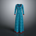 Blue Long Sleeve Floor Length Dress With Red Trim And Floral Pattern